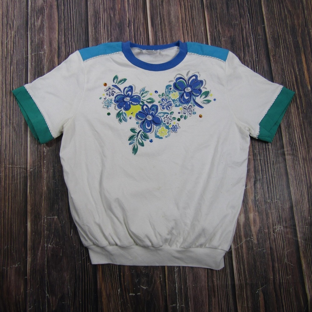 Vintage 90s Cricket LANE T-Shirt Womens‎ M White Ringer Floral Rhinestone Granny
